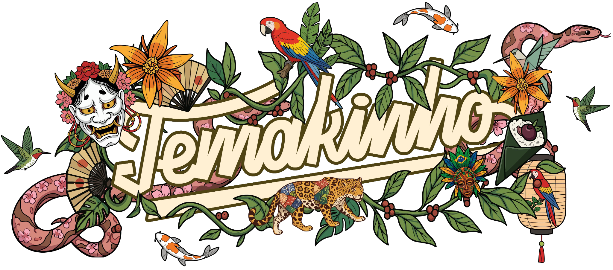 Temakinho — il logotipo intrecciato alla maschera hannya, l’ara, il giaguaro, le koi e i botanici